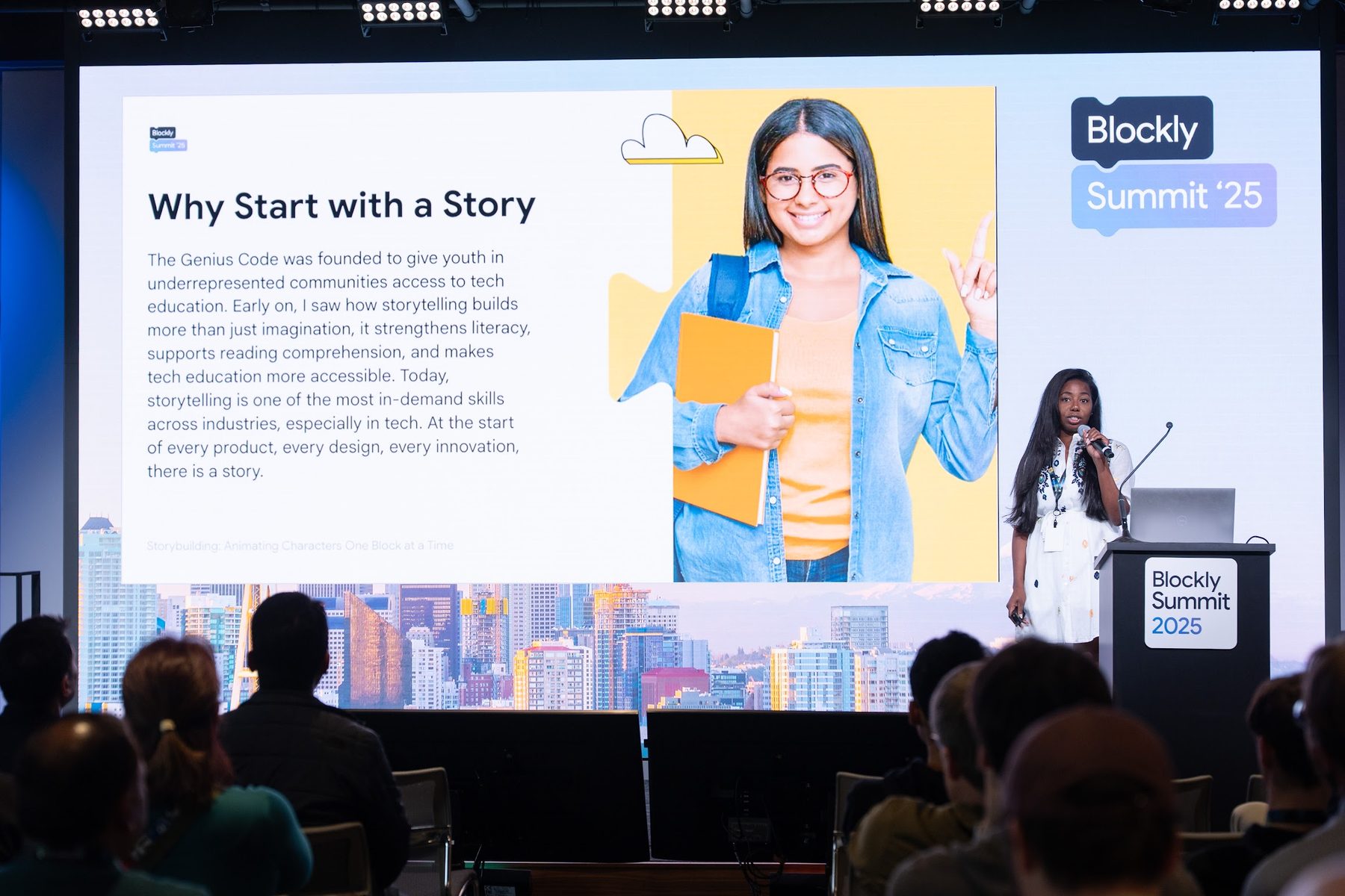 Nikita Collier presenting “Why Start with a Story” on stage at Blockly Summit 2025