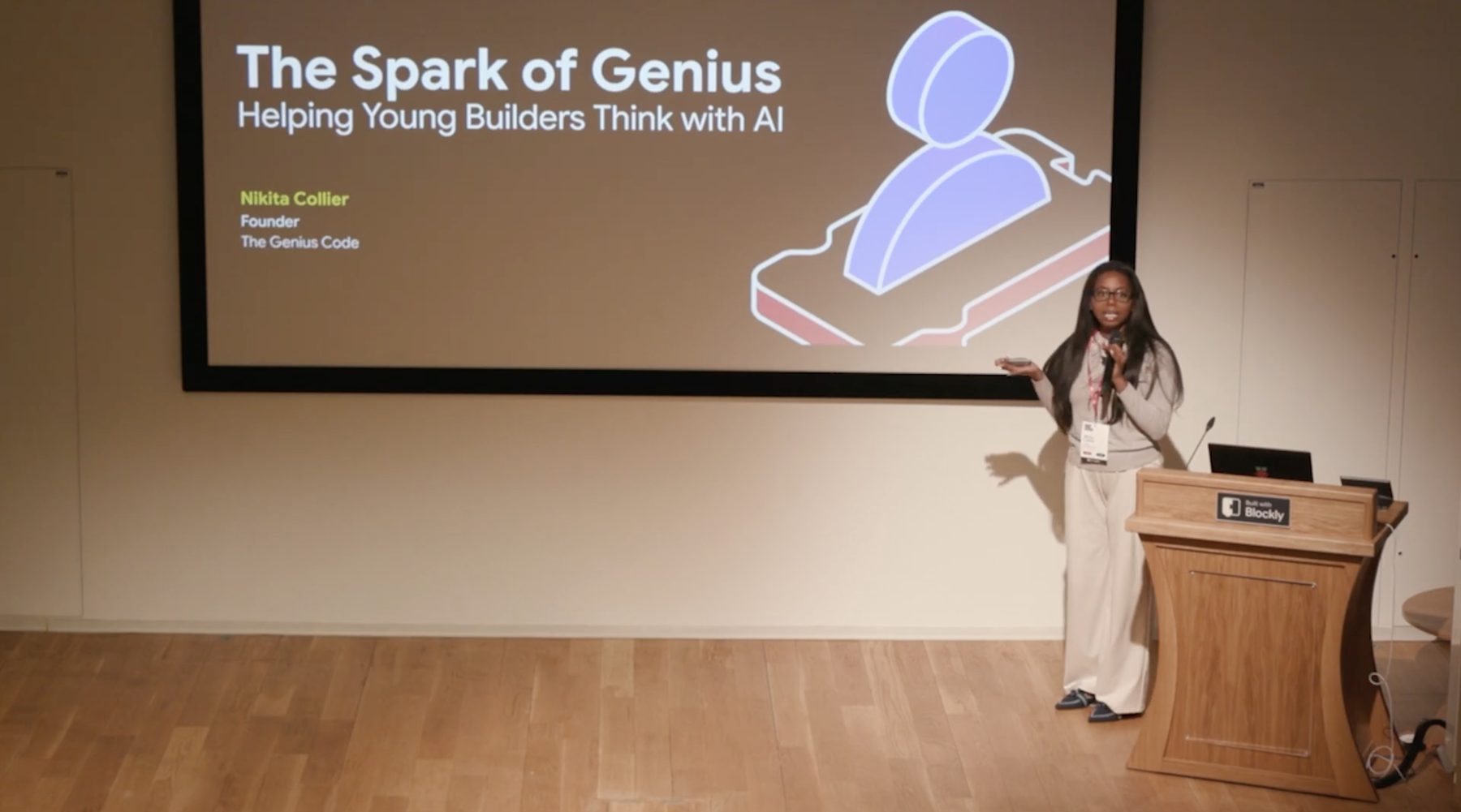 Nikita Collier presenting “The Spark of Genius: Helping Young Builders Think with AI” at Blockly Summit 2026, Cambridge